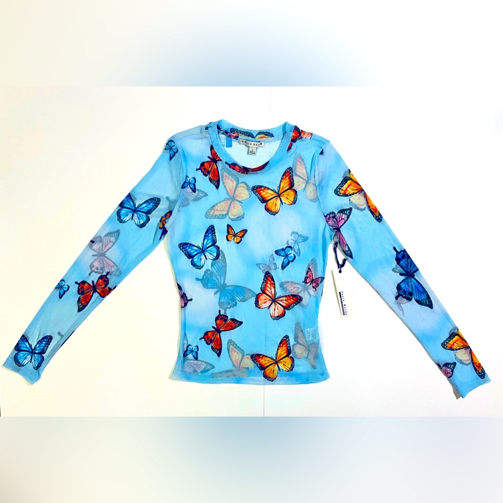 Butterfly long sleeve mesh stretch top blue pink orange Large
